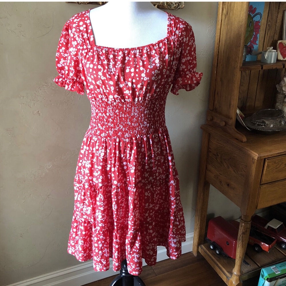 Red and White Floral Casual Dress